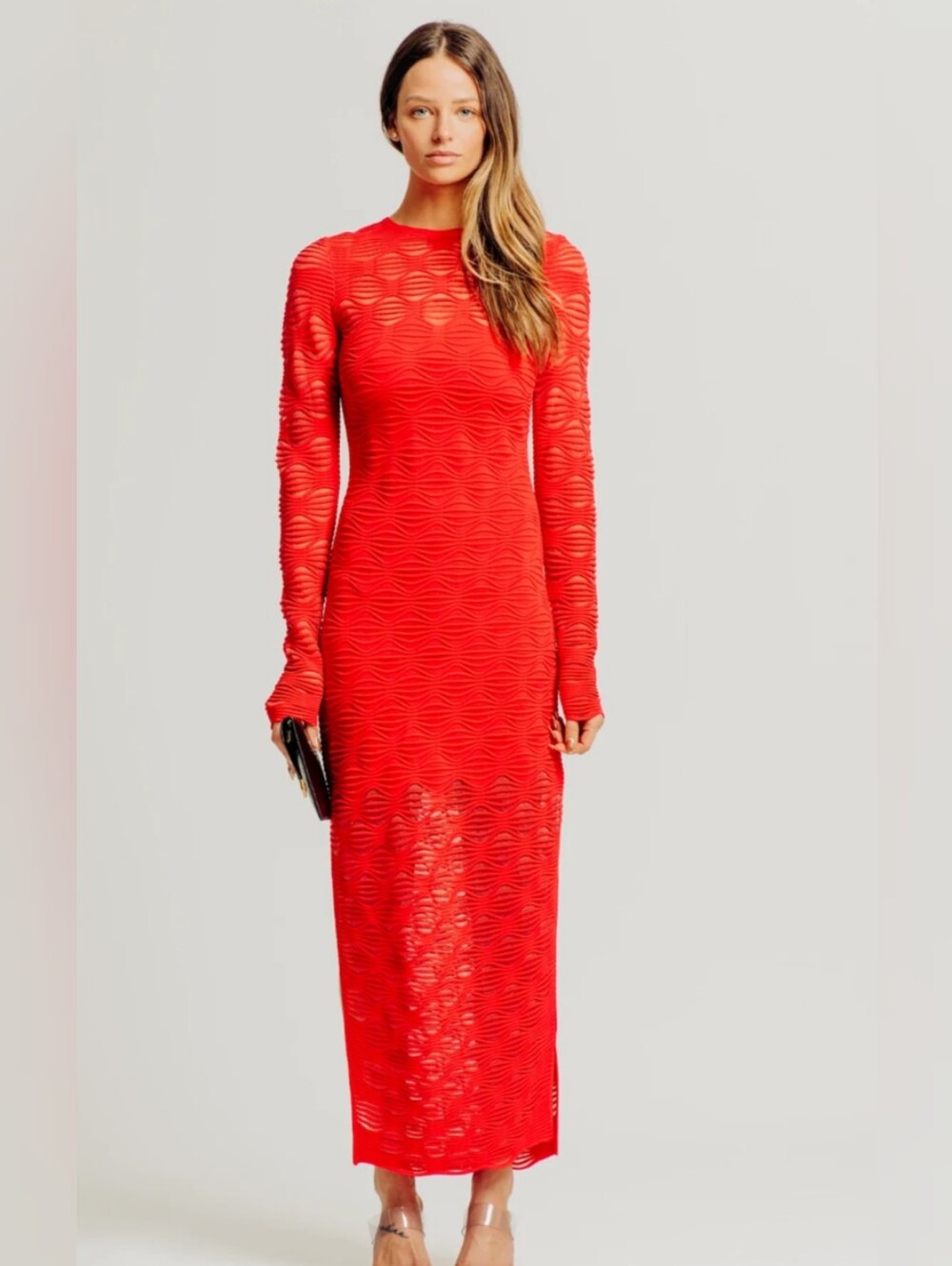 Torn by Ronny Kobo Red Long-Sleeve Textured Maxi Dress